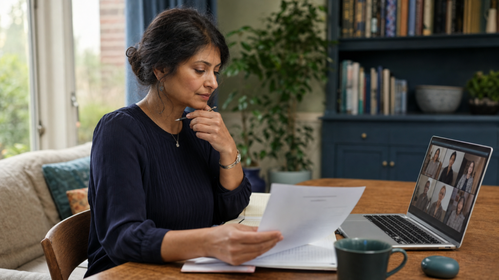 Experienced psychosexual therapist reviewing research during live online postgraduate teaching