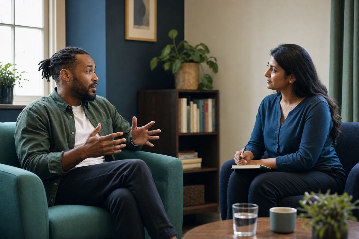 A culturally diverse client and therapist in a respectful therapeutic conversation