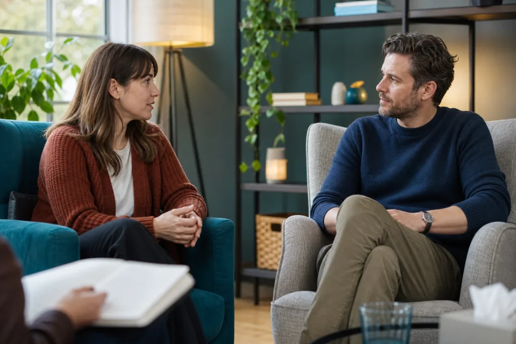 Adult couple discussing desire discrepancy in relationship therapy