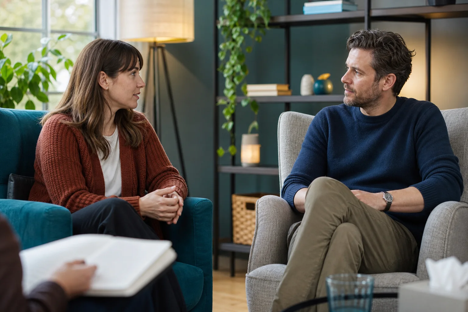 Adult couple discussing desire discrepancy in relationship therapy