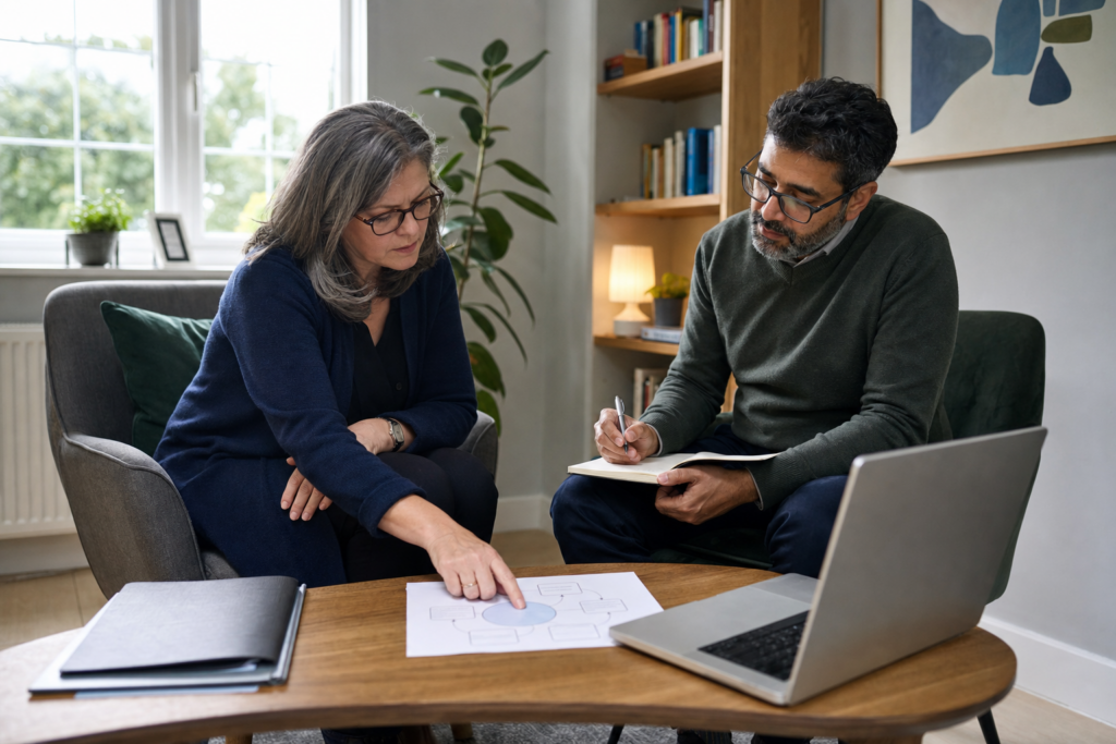 Two therapists reviewing an anonymised forensic-sexology formulation during professional supervision