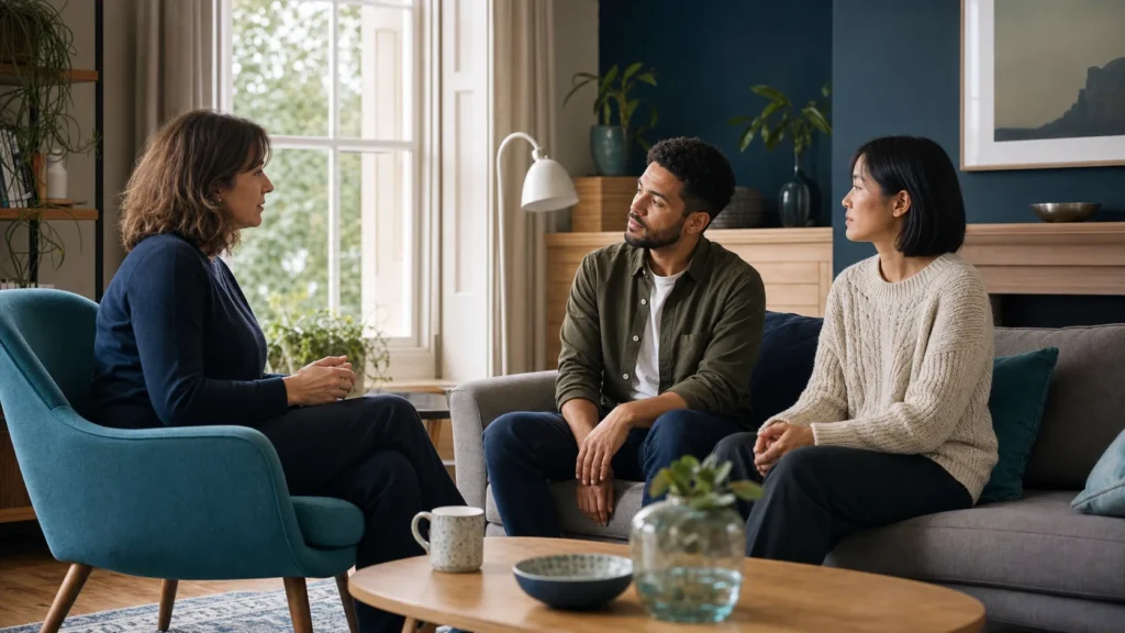 A relationship therapist facilitating a thoughtful conversation with a couple