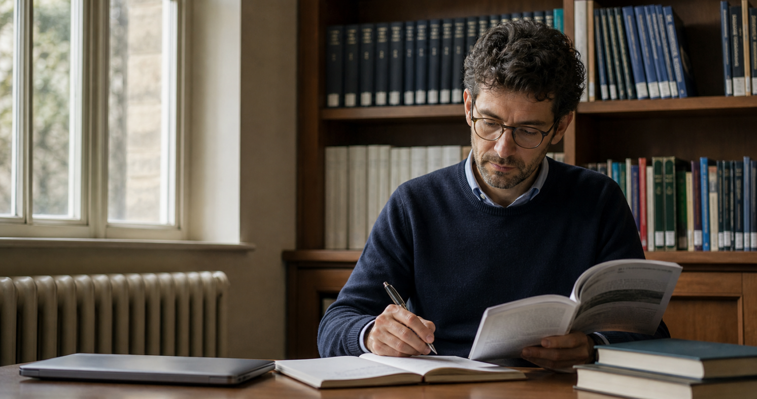 Clinician-researcher reading an academic journal in a library