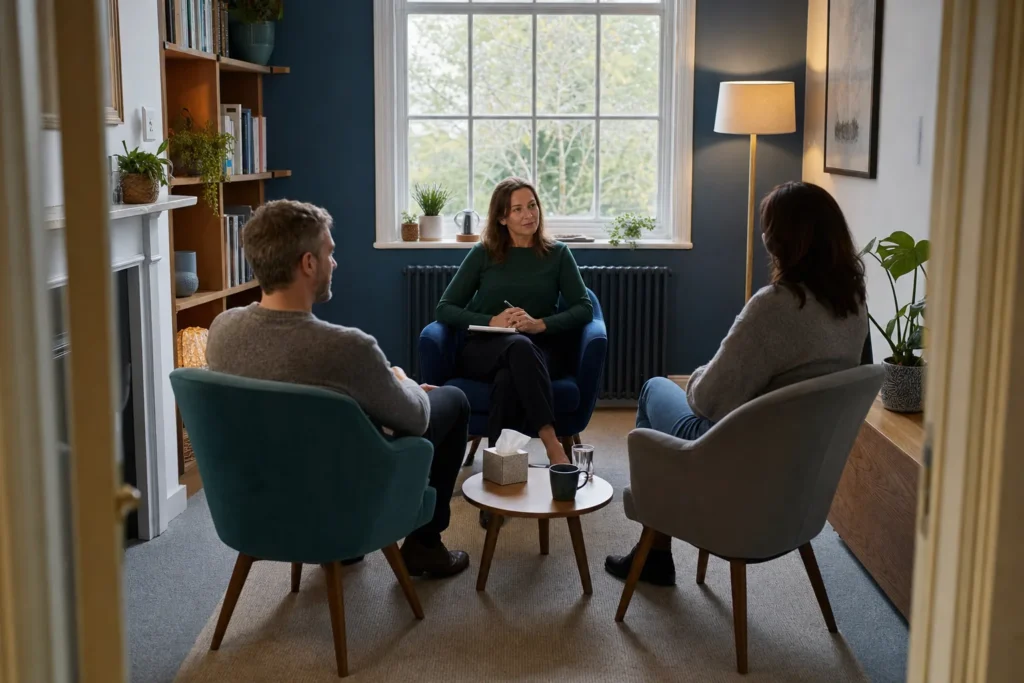 Psychosexual therapist and adult couple in a calm therapy room