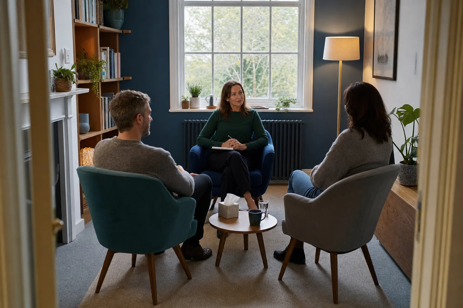 Psychosexual therapist and adult couple in a calm therapy room