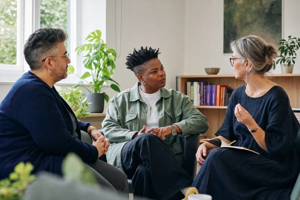 Diverse qualified therapists discussing affirmative psychosexual practice