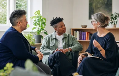 Diverse qualified therapists discussing affirmative psychosexual practice