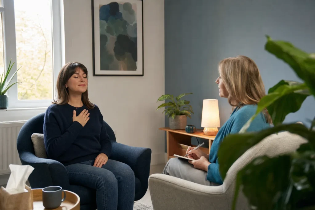 Therapist supporting an adult with mind-body grounding in psychosexual therapy