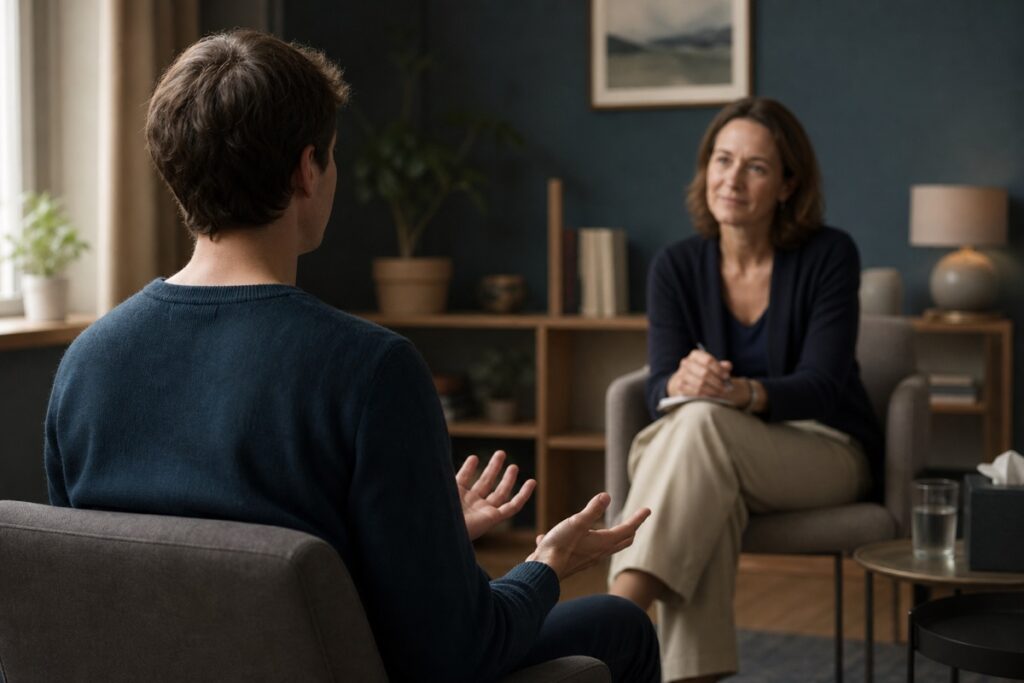 Client speaking with a therapist in a calm confidential therapy room