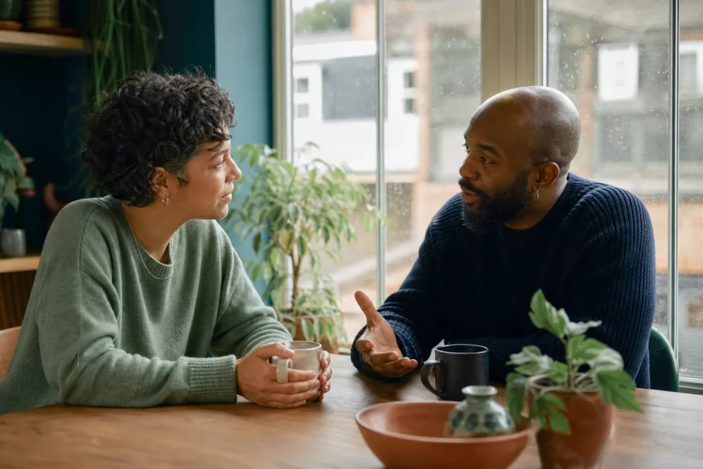 Adult couple having an open conversation about their relationship