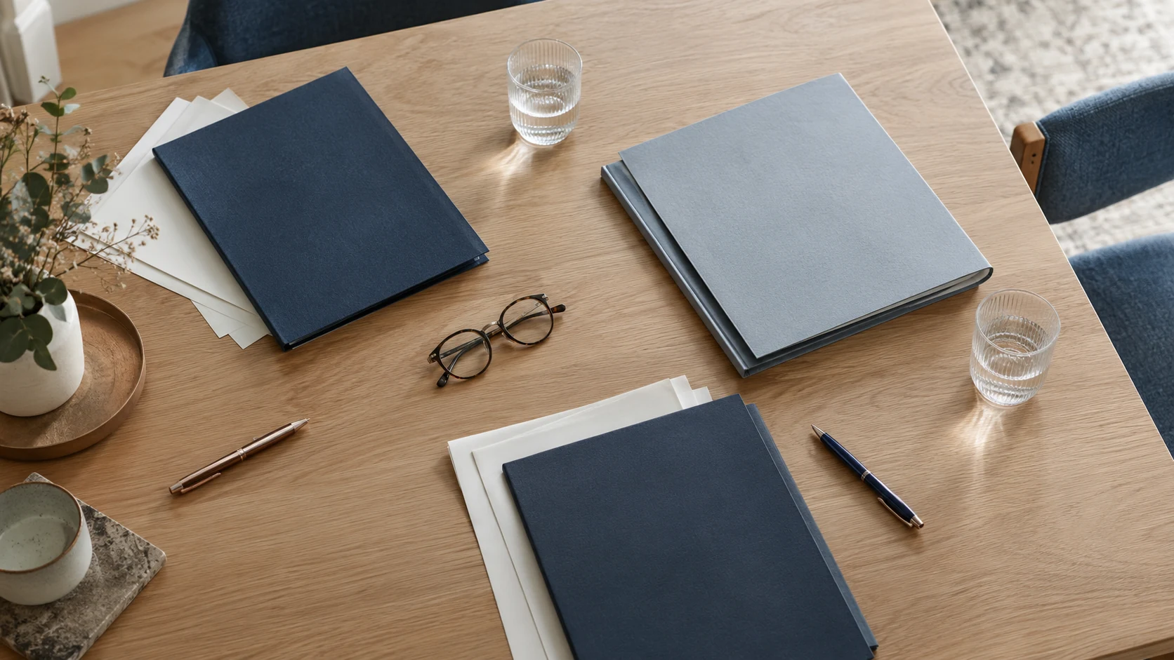 Illustrative review workspace with blue folders, papers, pens and reading glasses.