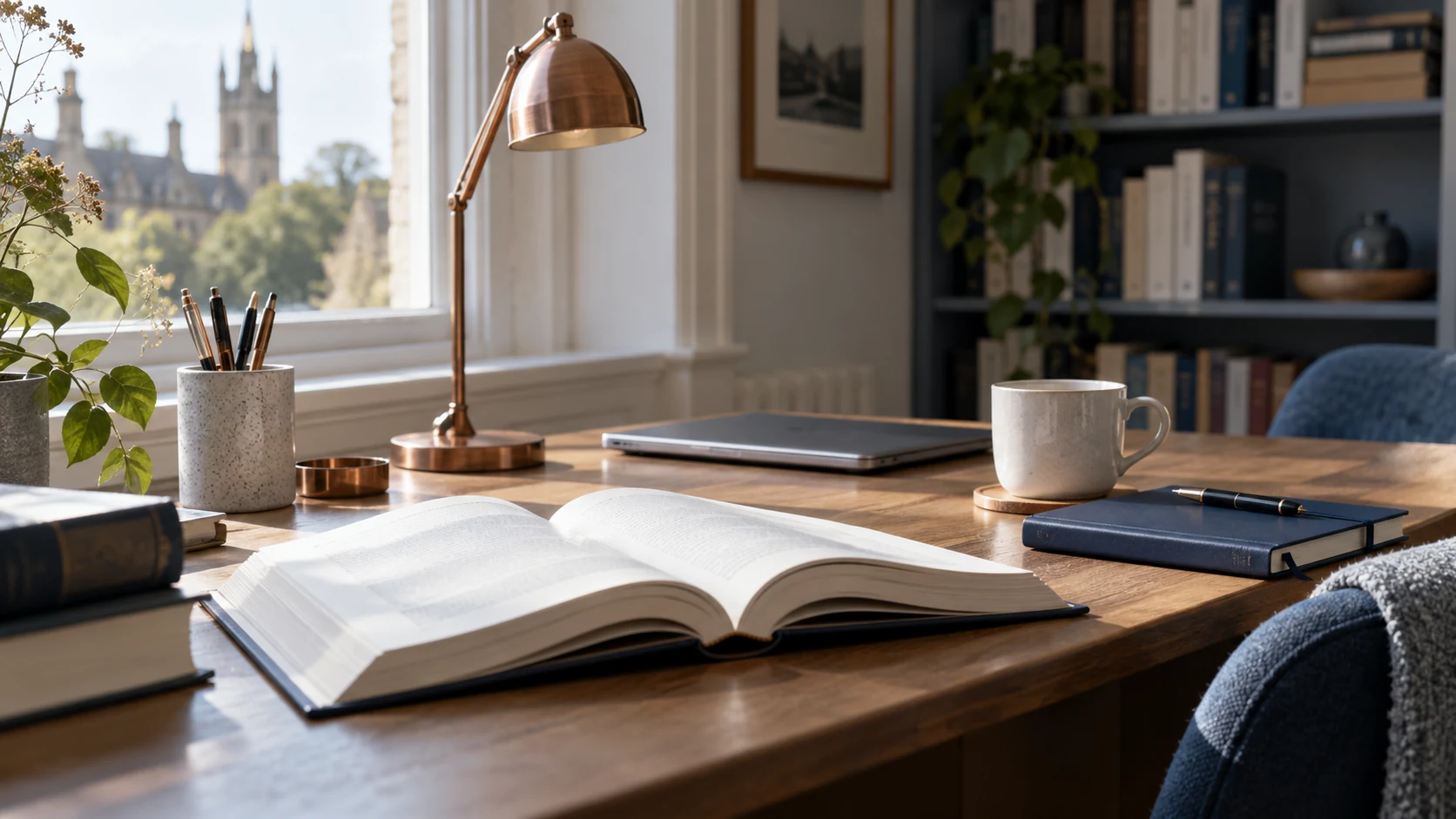 Illustrative writing desk with an open book, notebook and copper reading lamp.