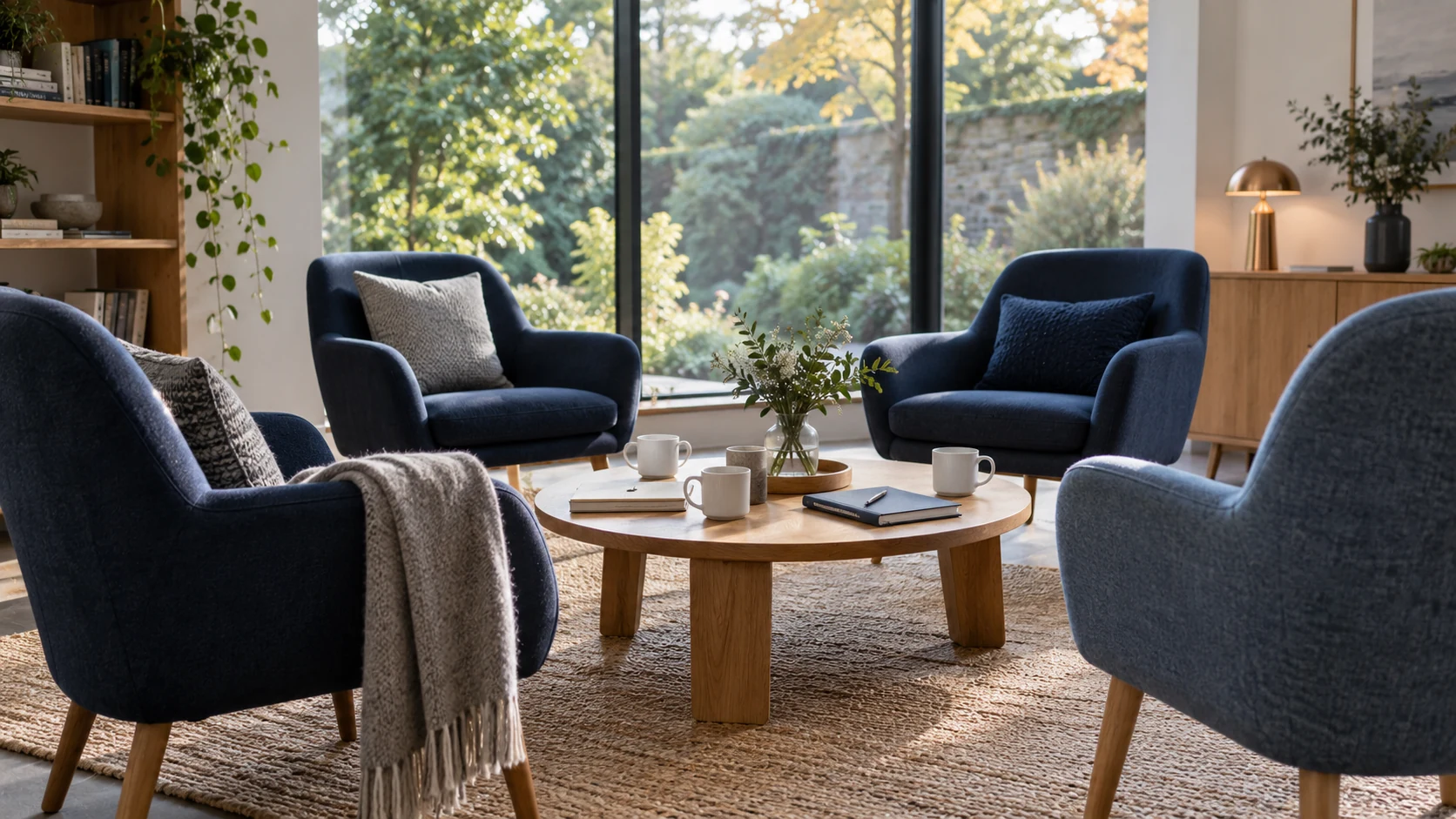 Illustrative discussion space with four blue chairs around a low table.