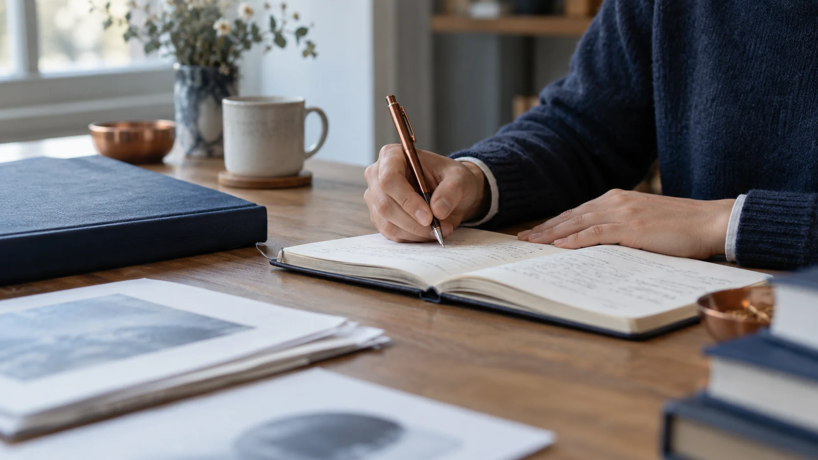 Illustrative close-up of hands writing in a research notebook at an oak desk.