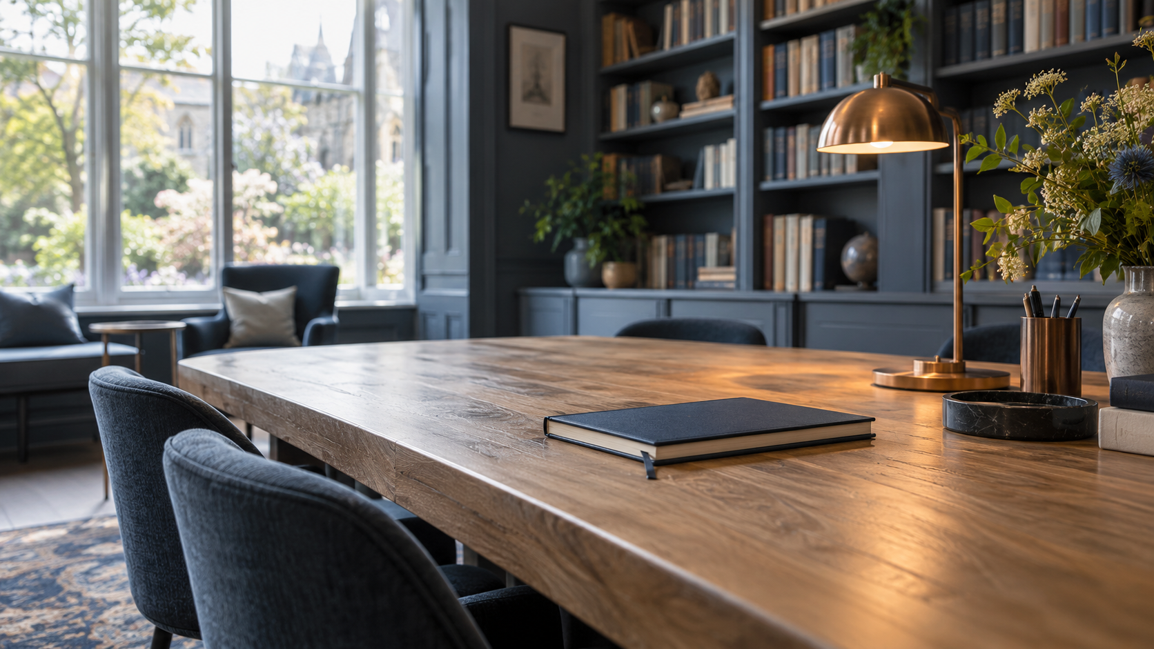 Illustrative research reading room with an oak table, blue seating, bookshelves and a copper lamp.