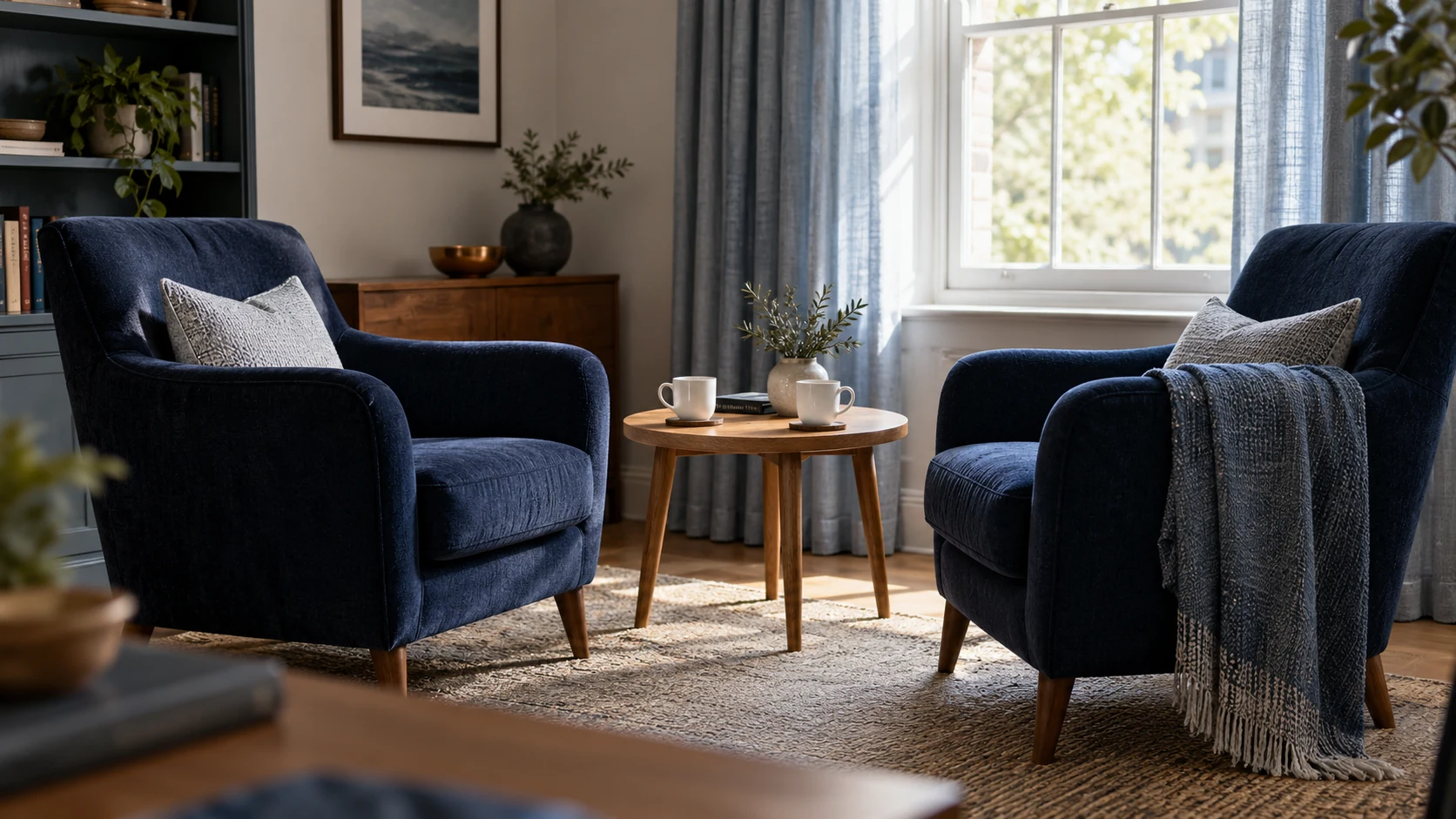 Illustrative therapy setting with two navy armchairs beside a window.